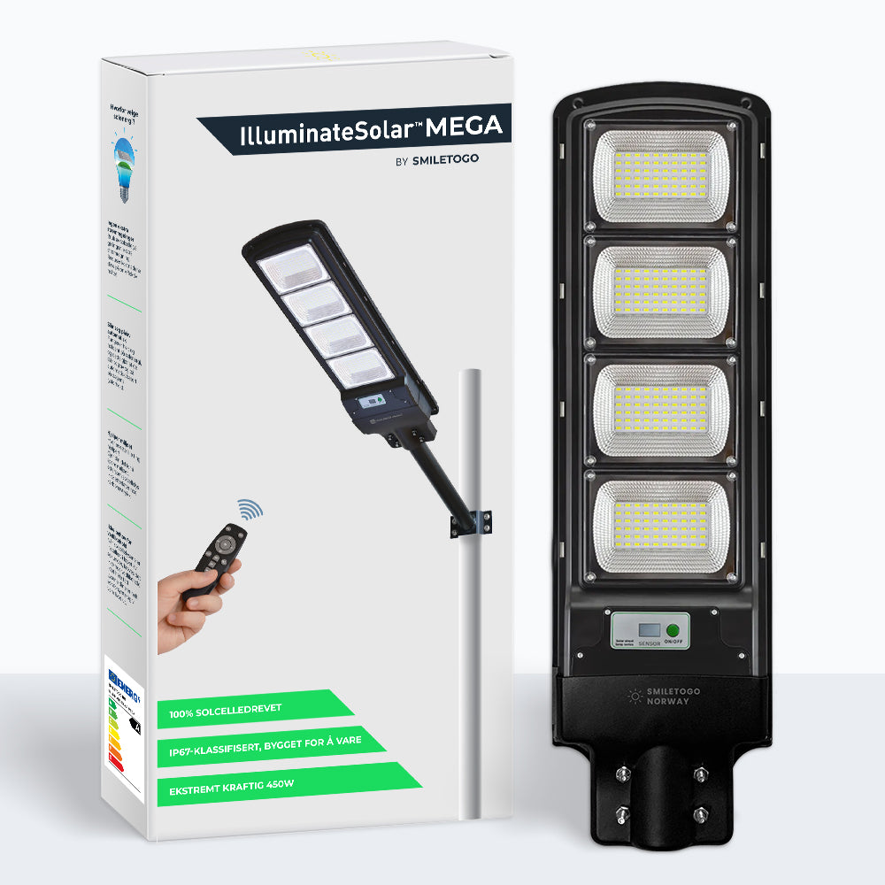 IlluminateSolarMega™ - Den ultimate 450W/6500 lumen ultra-lyssterke solcelle-gatelyset (Pakketilbud)
