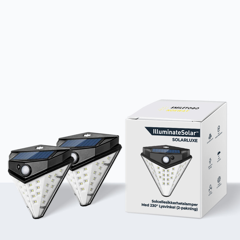 SolarLuxe™ - solcelledrevne sikkerhetslys med 230° lysvinkel (2-pakning)