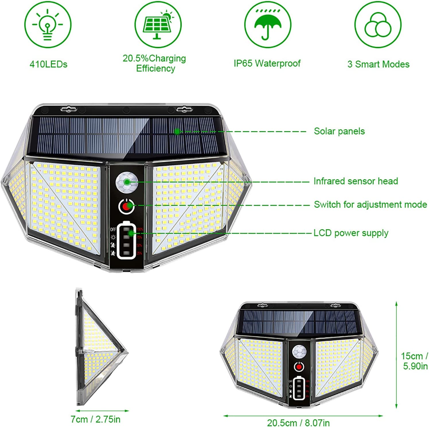 WallMega™ - 410 LED solcellelampe for gjerder