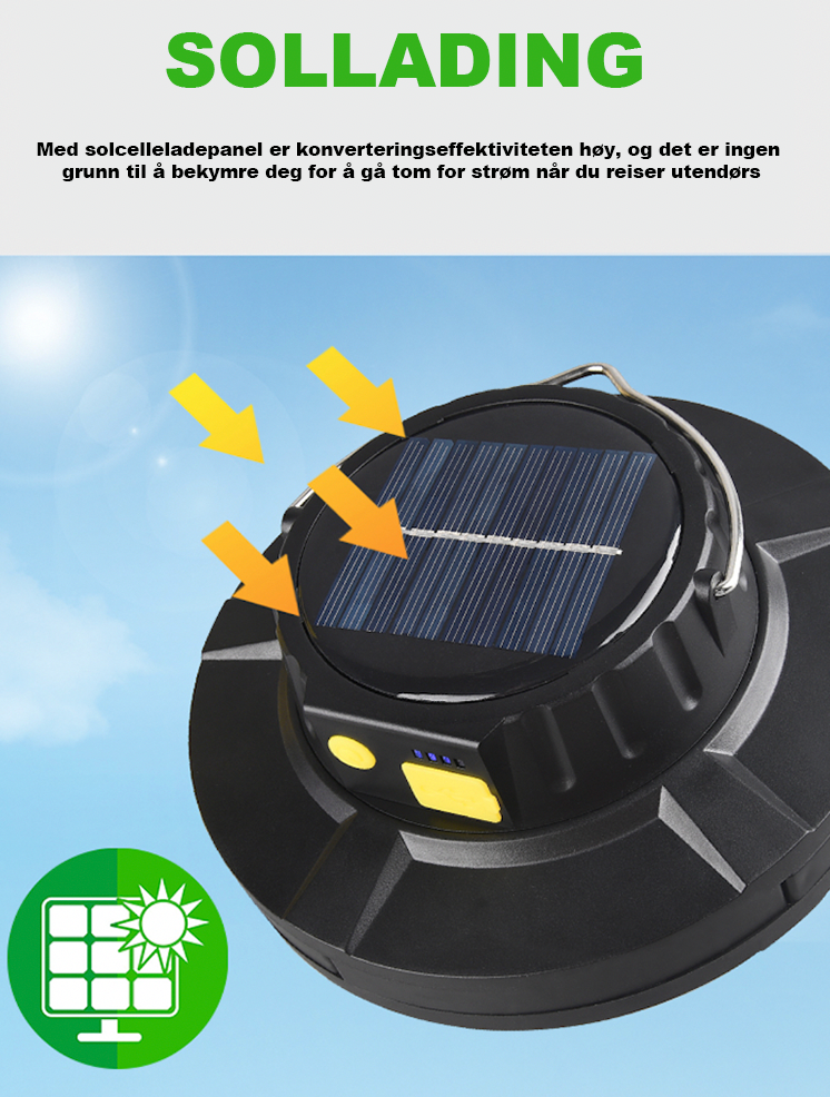 CampSolarMini™- ladepære Dobbel lyskilde LED campinglampe